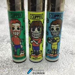 Three green, yellow and blue football edition skulls Clipper lighters without refillable gas made in Spain. Place your order at mundoclipper.com