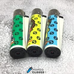 Three green, yellow and blue football edition skulls Clipper lighters without refillable gas made in Spain. Place your order at mundoclipper.com