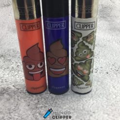 Three Clipper lighters without gas in orange, blue and white with poh emoji prints made in Spain.