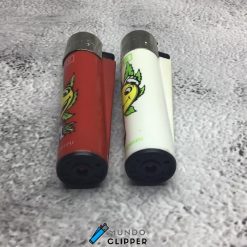 Two Clipper lighters without gas made in Spain in red and white with smoking emojis.