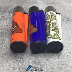 Three Clipper lighters without gas in orange, blue and white with poh emoji prints made in Spain.